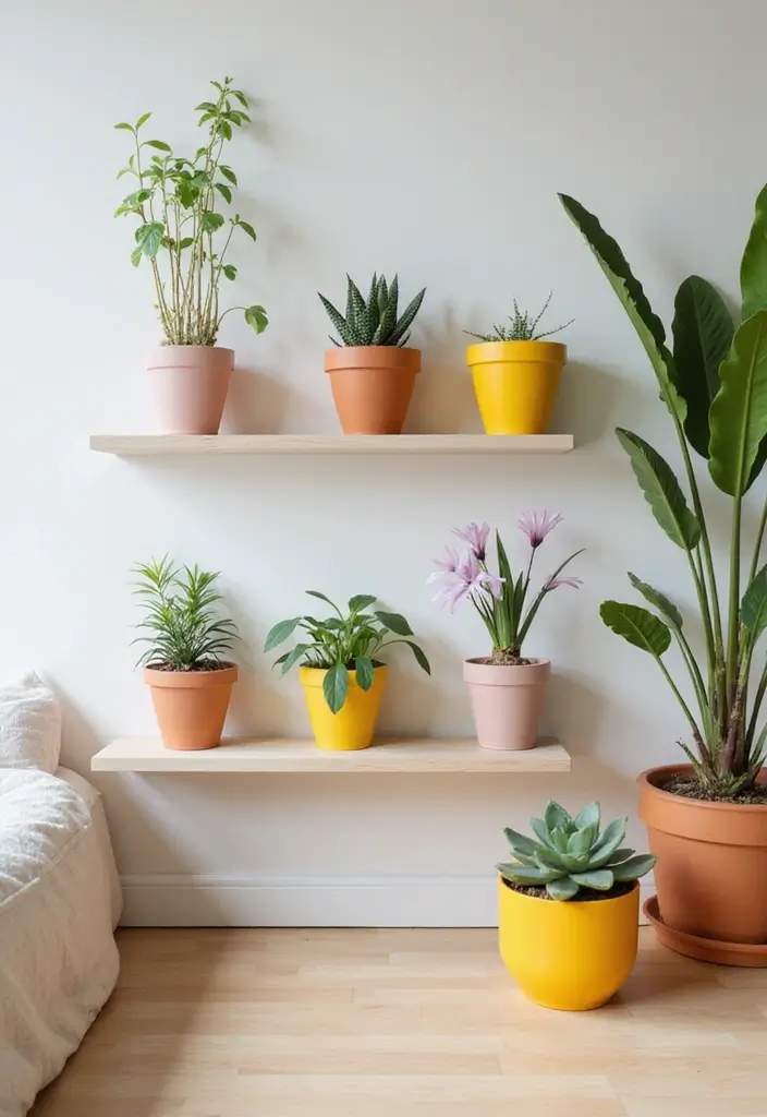 25 Minimalist Bedroom with Plants Ideas You’ll Love - 17. Colorful Pots