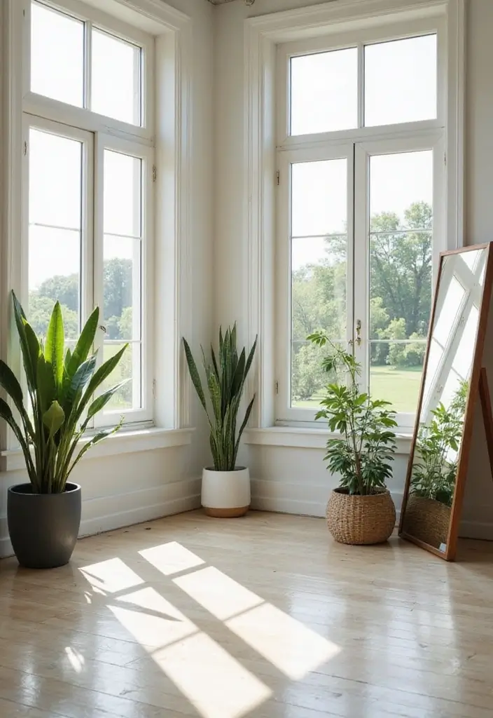 25 Minimalist Bedroom with Plants Ideas You’ll Love - 20. Use of Natural Light Through Reflective Surfaces