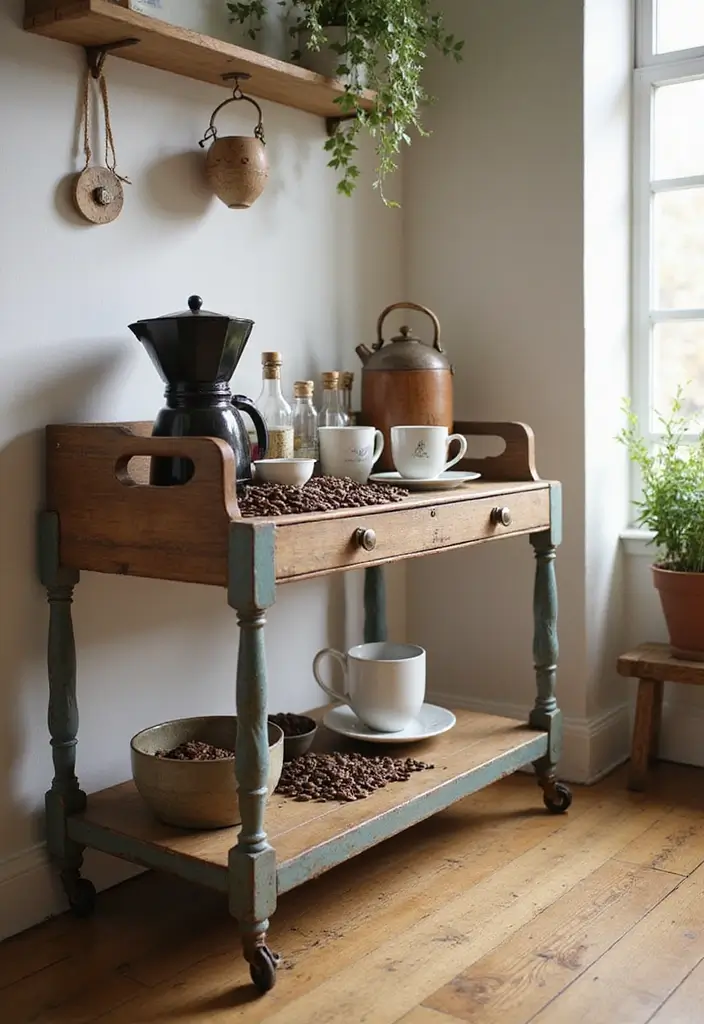 27 Minimalist Coffee Bar Ideas You’ll Want to Try 2 27 Minimalist Coffee Bar Ideas You’ll Want to Try - 2. Vintage Coffee Cart