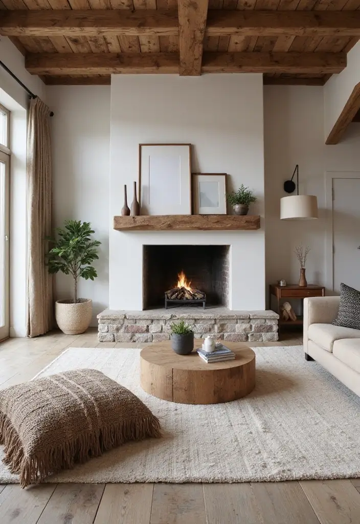 27 Minimalist Fireplace Ideas That Look Modern 9 27 Minimalist Fireplace Ideas That Look Modern - 9. Rustic Minimalism with Wood Beams
