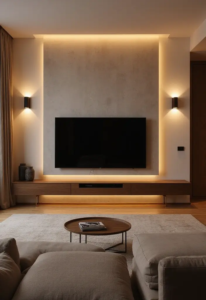 27 Minimalist TV Wall Design Ideas That Feel Elegant - 10. Layered Lighting