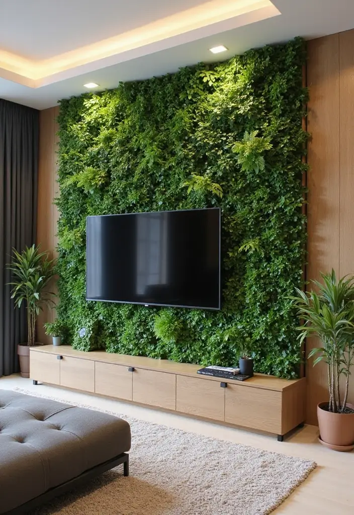 27 Minimalist TV Wall Design Ideas That Feel Elegant - 16. Vertical Gardens
