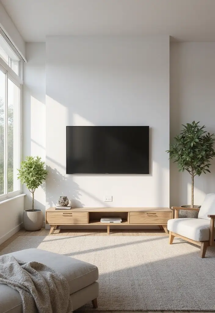 27 Minimalist TV Wall Design Ideas That Feel Elegant - 17. Natural Light Focus