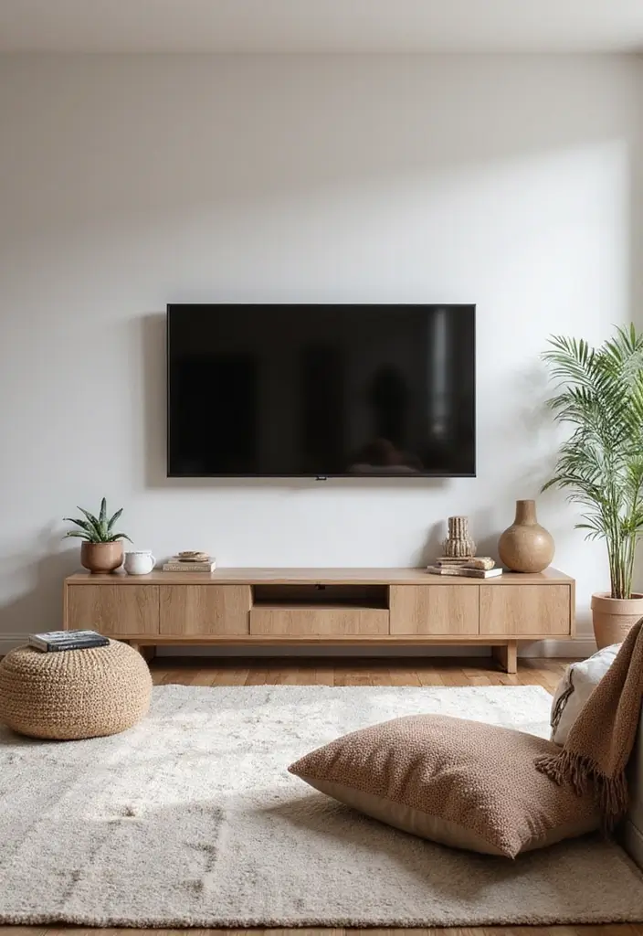 27 Minimalist TV Wall Design Ideas That Feel Elegant - 18. Cozy Textiles