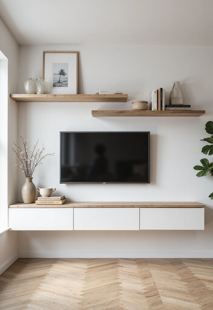 27 Minimalist TV Wall Design Ideas That Feel Elegant - 2. Floating Shelves