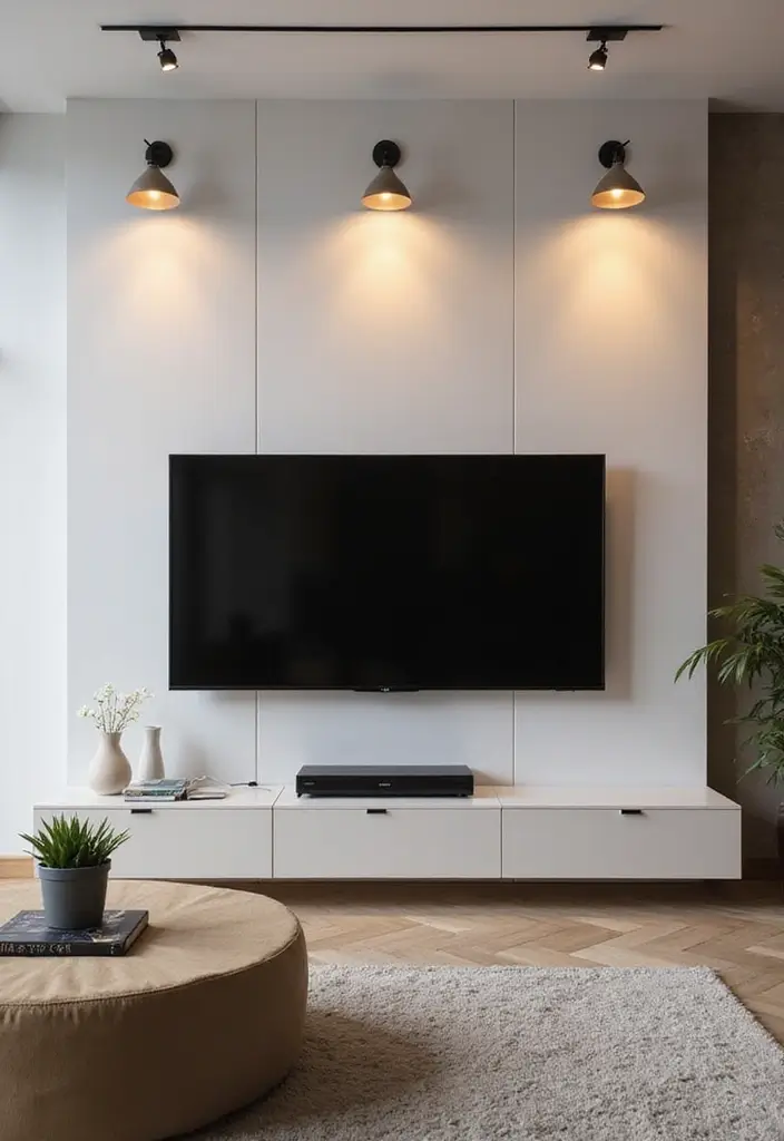 27 Minimalist TV Wall Design Ideas That Feel Elegant - 22. Statement Lighting Fixtures