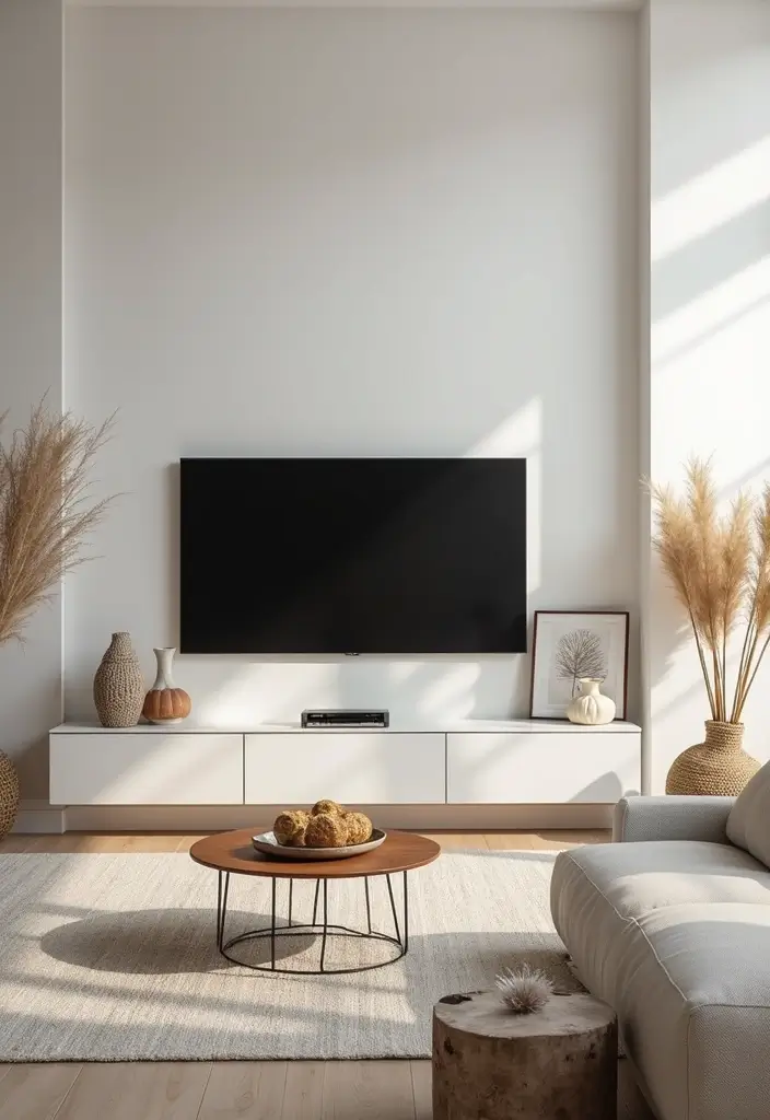 27 Minimalist TV Wall Design Ideas That Feel Elegant - 26. Seasonal Decor