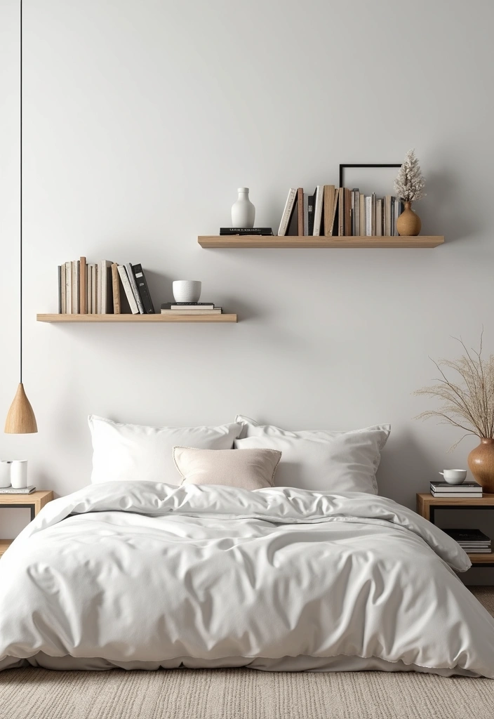 27 Small Minimalist Bedroom Ideas That Save Space 1 27 Small Minimalist Bedroom Ideas That Save Space - 1. Floating Shelves for Storage