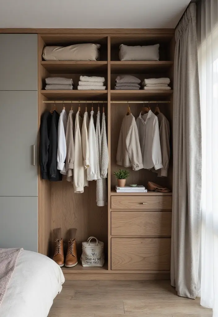 27 Small Minimalist Bedroom Ideas That Save Space 19 27 Small Minimalist Bedroom Ideas That Save Space - 19. Open Wardrobe Systems