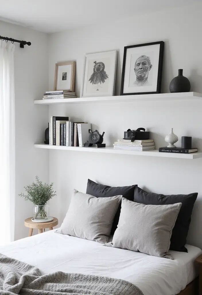 27 Stunning Minimalist Bedroom Black and White Designs 10 27 Stunning Minimalist Bedroom Black and White Designs - 10. Minimalist Shelving