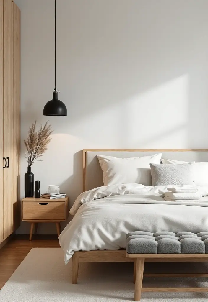 27 Stunning Minimalist Bedroom Black and White Designs 16 27 Stunning Minimalist Bedroom Black and White Designs - 16. Light Wood Accents