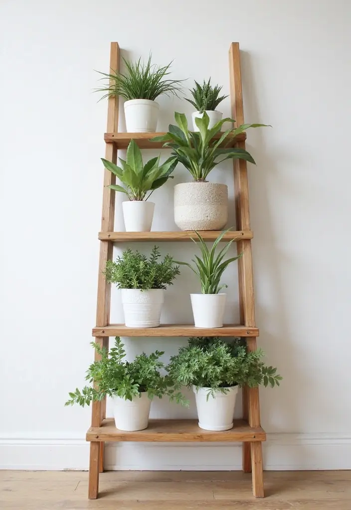 28 Minimalist Plant Decor Ideas for a Fresh Look 14 28 Minimalist Plant Decor Ideas for a Fresh Look - 14. Minimalist Plant Ladder Display