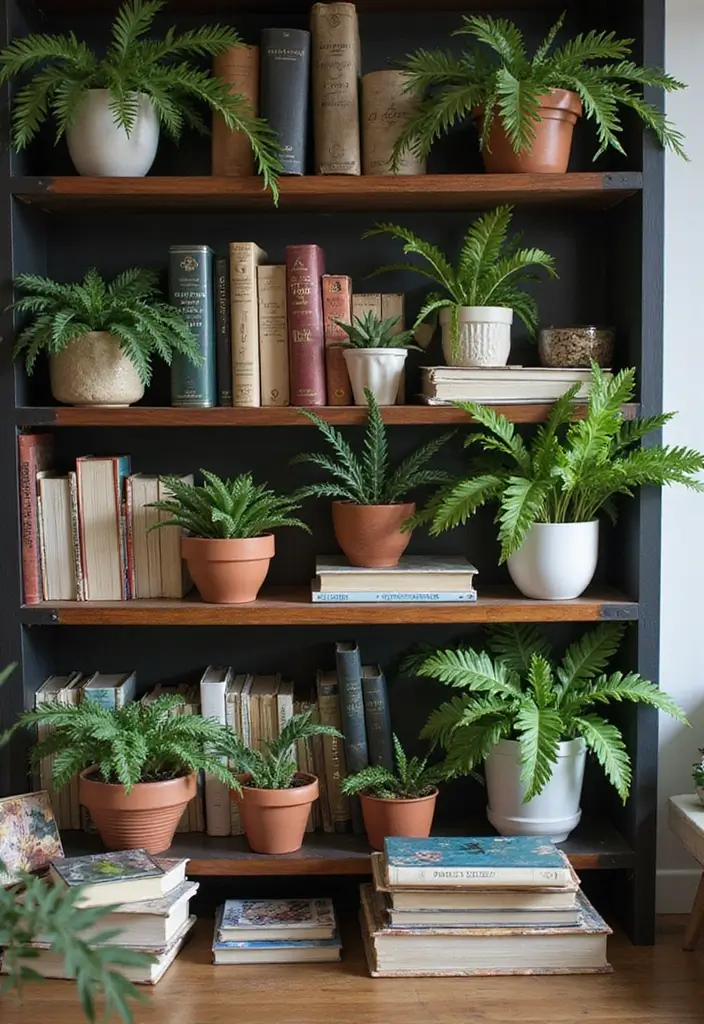 28 Minimalist Plant Decor Ideas for a Fresh Look 4 28 Minimalist Plant Decor Ideas for a Fresh Look - 4. Small Potted Ferns on Bookshelves