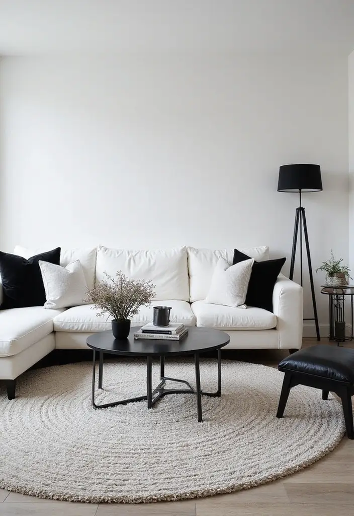 29 Black and White Minimalist Living Room Ideas 19 29 Black and White Minimalist Living Room Ideas - 19. Use Rugs to Define Spaces
