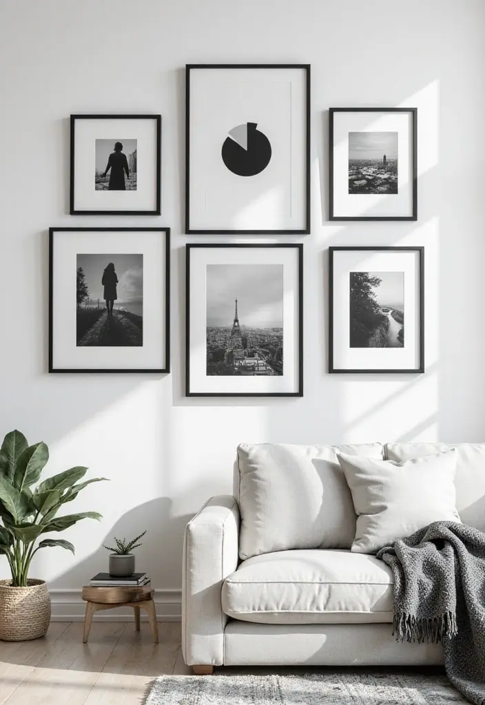29 Black and White Minimalist Living Room Ideas 4 29 Black and White Minimalist Living Room Ideas - 4. Create a Gallery Wall