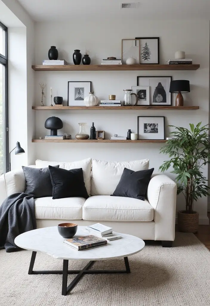 29 Black and White Minimalist Living Room Ideas 5 29 Black and White Minimalist Living Room Ideas - 5. Opt for Open Shelving