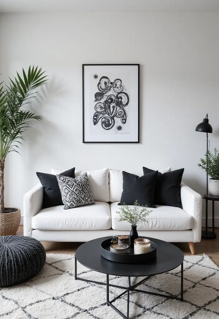 29 Black and White Minimalist Living Room Ideas 7 29 Black and White Minimalist Living Room Ideas - 7. Use Monochrome Patterns
