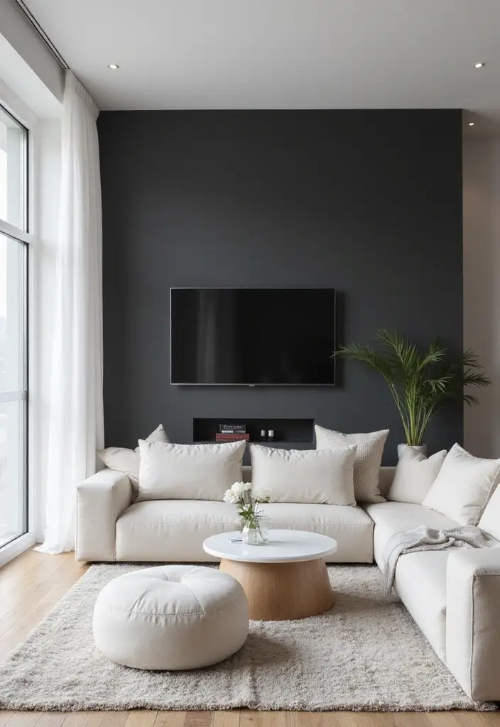 29 Black and White Minimalist Living Room Ideas 8 29 Black and White Minimalist Living Room Ideas - 8. Strategic Wall Color Choices