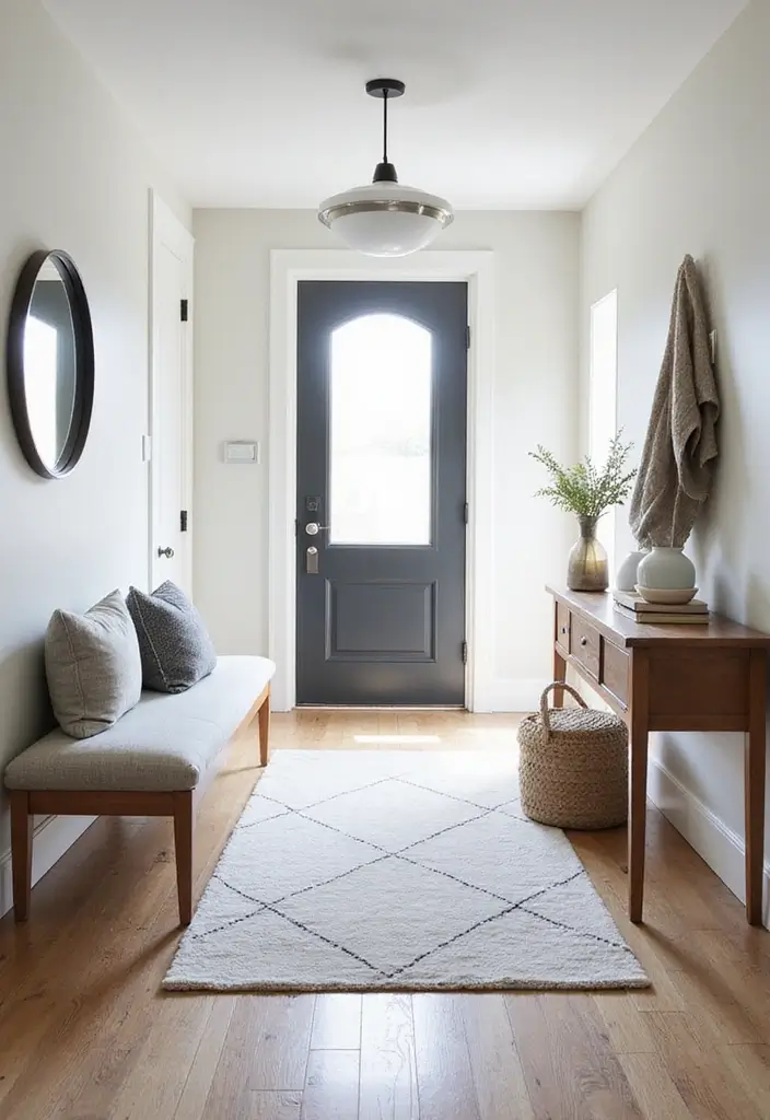 29 Minimalist Entryway Ideas That Make a Statement - 8. Incorporating Rugs Wisely