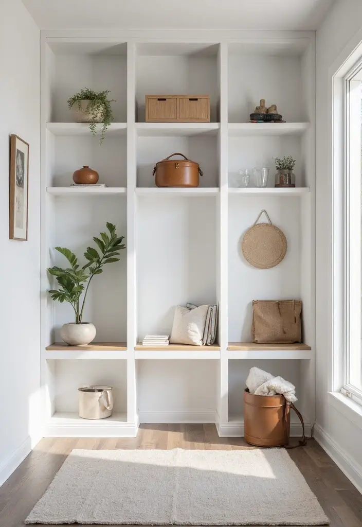 29 Minimalist Entryway Ideas That Make a Statement - 9. Open Shelving for Easy Access