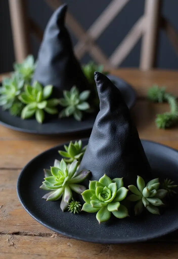 29 Minimalist Halloween Decor Ideas That Look Chic 16 29 Minimalist Halloween Decor Ideas That Look Chic - 16. Modern Black Hats with Succulents