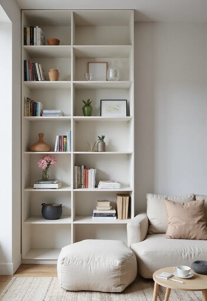 29 Minimalist Living Room Ideas That Feel Calm and Chic 8 29 Minimalist Living Room Ideas That Feel Calm and Chic - 8. Open Shelving for Display