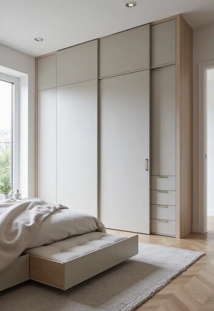 29 White Minimalist Bedroom Ideas That Feel Fresh 13 29 White Minimalist Bedroom Ideas That Feel Fresh - 13. Minimalist Storage Solutions