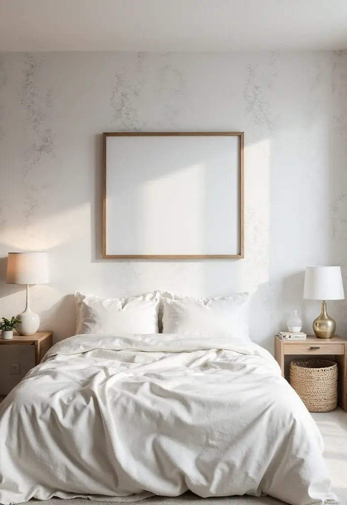 29 White Minimalist Bedroom Ideas That Feel Fresh 24 29 White Minimalist Bedroom Ideas That Feel Fresh - 24. Minimalist Wallpaper