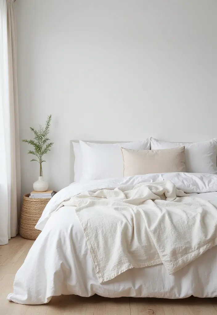 29 White Minimalist Bedroom Ideas That Feel Fresh 9 29 White Minimalist Bedroom Ideas That Feel Fresh - 9. Eco-Chic Bedding