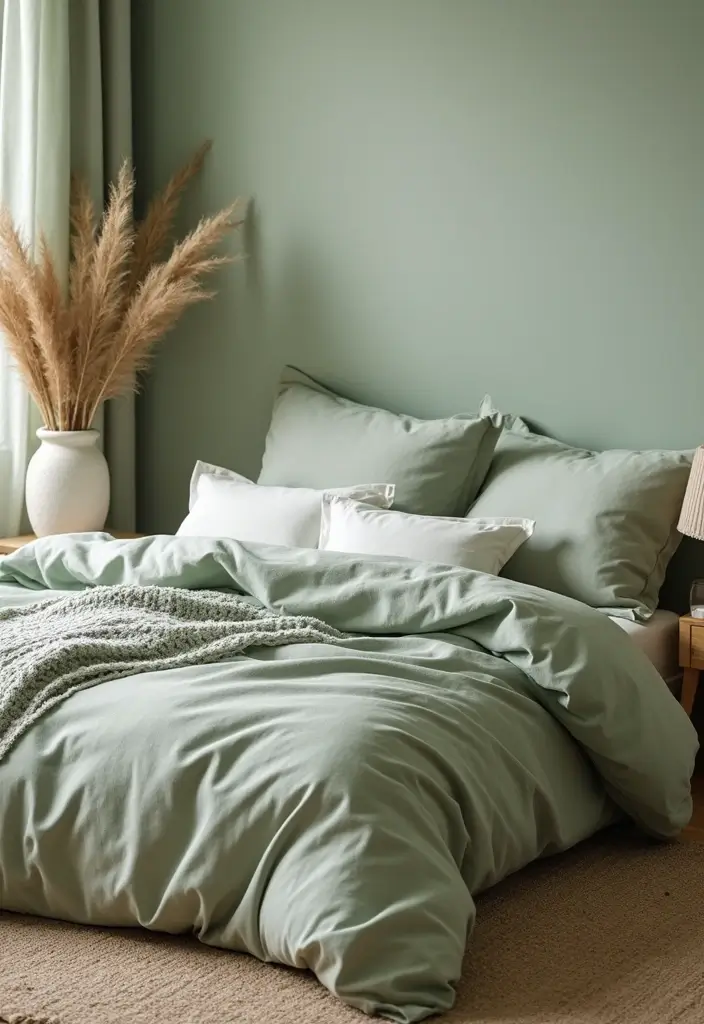 30 Green Minimalist Bedroom Ideas That Feel Relaxing 4 30 Green Minimalist Bedroom Ideas That Feel Relaxing - 4. Sustainable Bedding