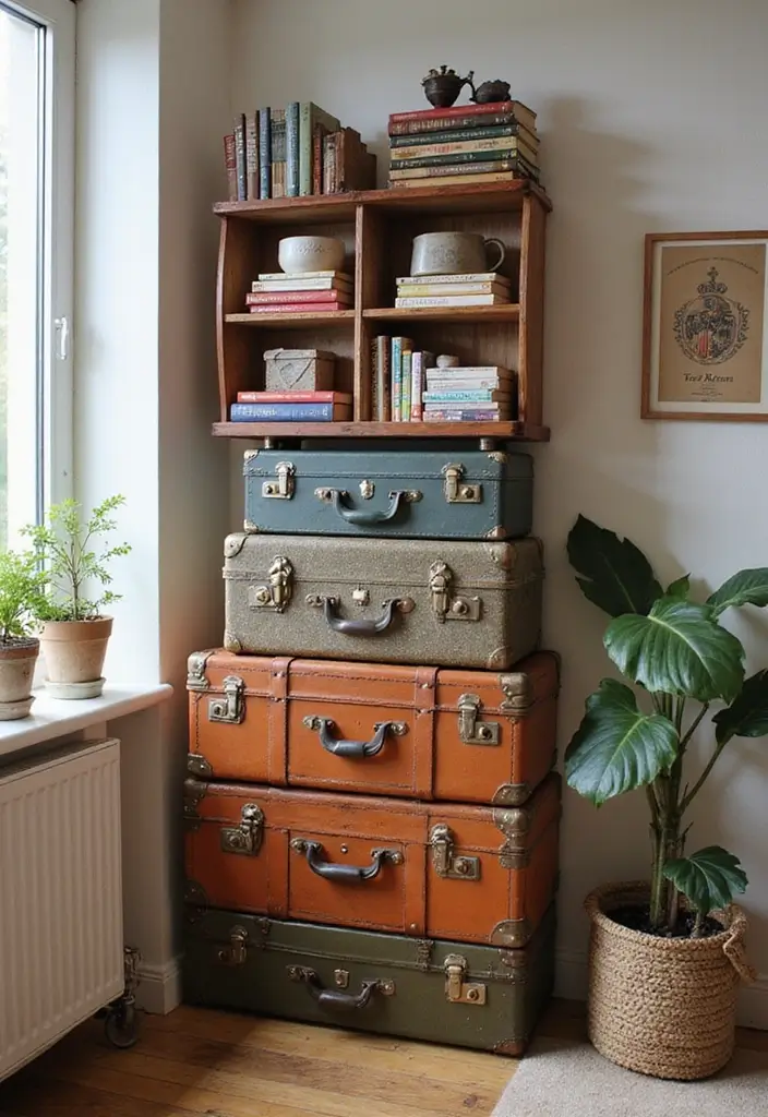 30 Minimalist Bookshelf Ideas That Look Modern 17 30 Minimalist Bookshelf Ideas That Look Modern - 17. Vintage Suitcase Bookshelves