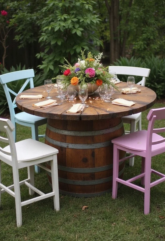 10 Backyard Centerpiece Ideas to Anchor Outdoor Design - 2. Upcycled Wine Barrel Table