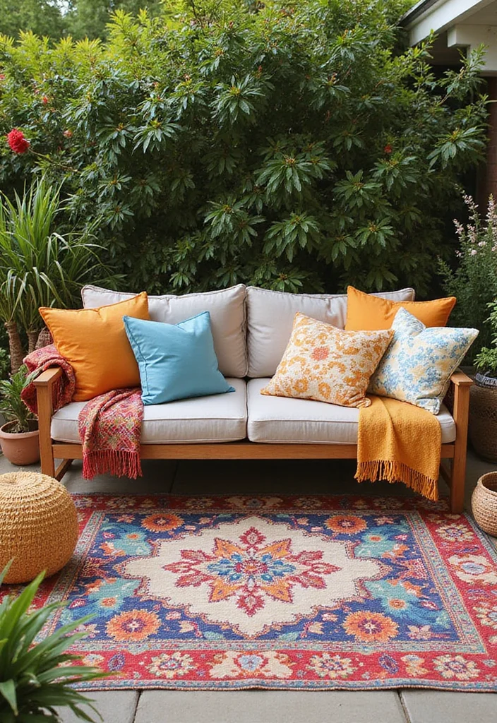 10 Backyard Centerpiece Ideas to Anchor Outdoor Design - 9. Colorful Outdoor Rug as a Focal Point