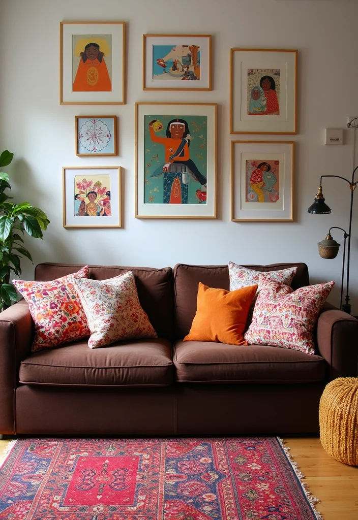 10 Chocolate Sofa Living Room Ideas for Rich Cozy Style - 6. Playful Patterns and Prints