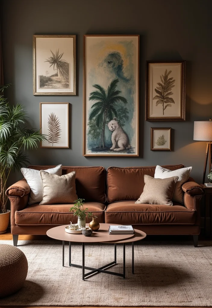 10 Chocolate Sofa Living Room Ideas for Rich Cozy Style - 9. Artistic Touches