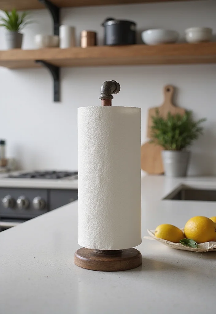 10 Kitchen Paper Towel Holder Ideas for Handy Clean Counters - 7. Industrial Pipe Holder