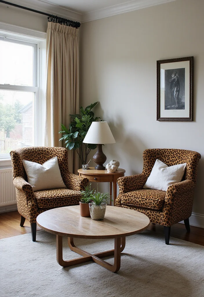 10 Leopard Living Room Ideas for Bold Wild Accents - 2. Leopard Print Accent Chairs