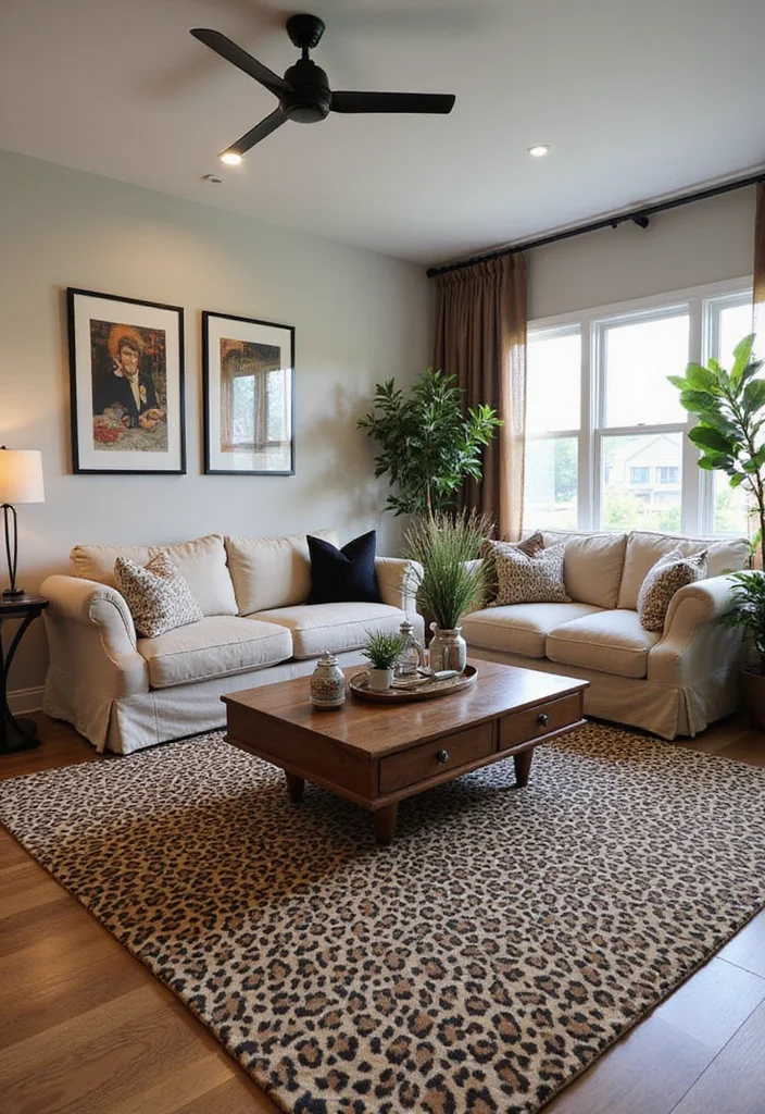 10 Leopard Living Room Ideas for Bold Wild Accents - 3. Textured Leopard Print Rugs