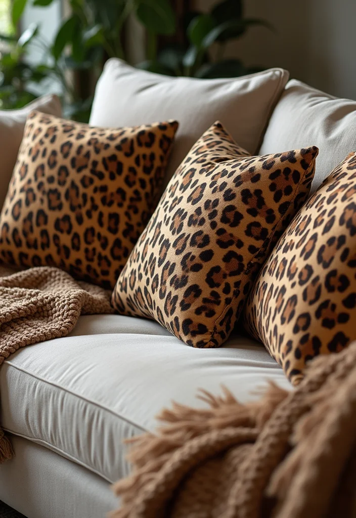 10 Leopard Living Room Ideas for Bold Wild Accents - 4. Leopard Print Pillows and Throws