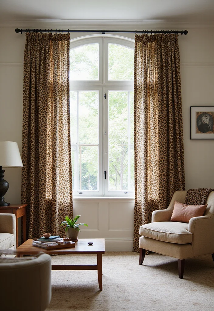 10 Leopard Living Room Ideas for Bold Wild Accents - 6. Leopard Print Curtains