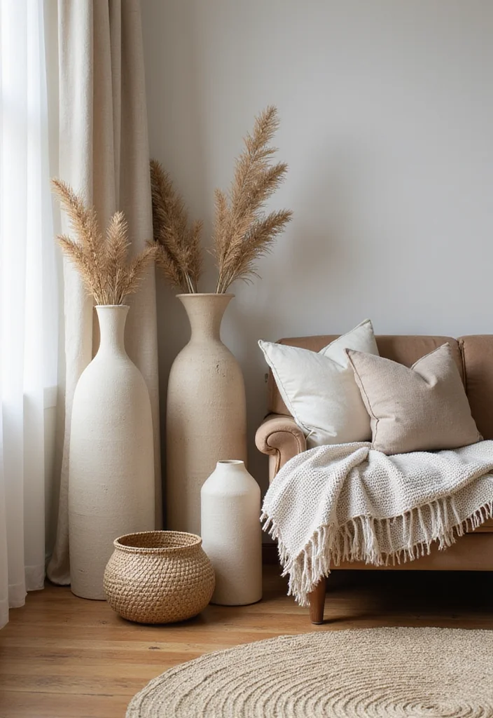 10 Living Room Floor Vase Decor Ideas for Height and Focus - 5. Textured Layers