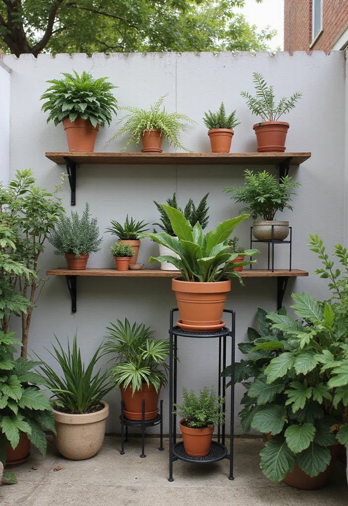 10 Small Condo Backyard Ideas for Practical Urban Living - 6. Creative Plant Stands and Shelves