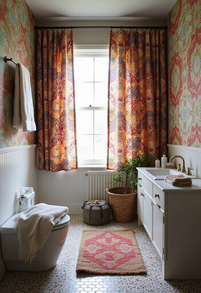 10 Whimsical Bathroom Ideas for Playful Creative Decor - 10. Eclectic Mix of Textiles