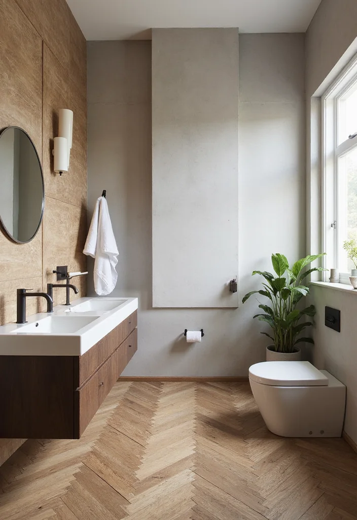 10 Wood Floor Bathroom Ideas for Warm Organic Texture - 6. Herringbone Pattern for Visual Interest