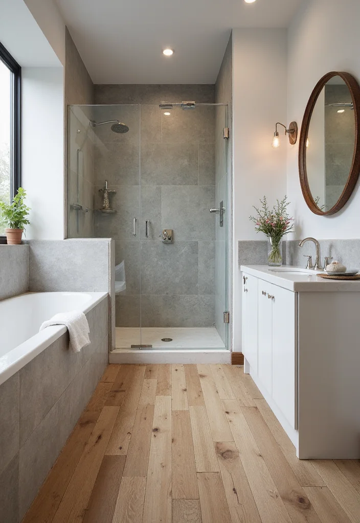 10 Wood Floor Bathroom Ideas for Warm Organic Texture - 7. Engineered Wood for Durability