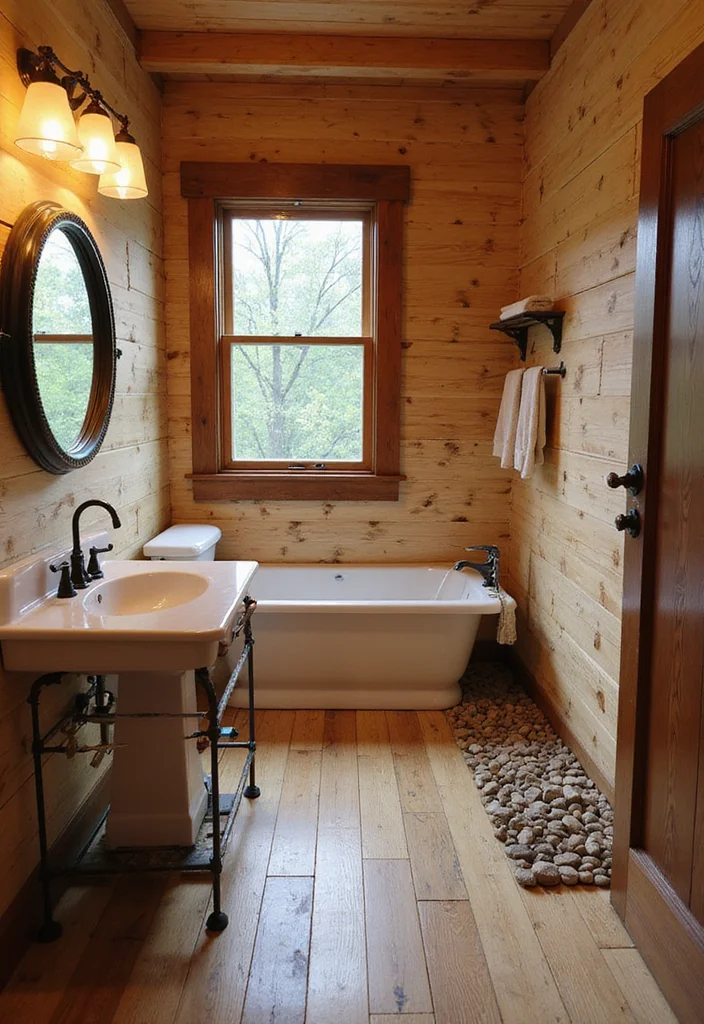 10 Wood Floor Bathroom Ideas for Warm Organic Texture - 8. Rustic Pine for a Cozy Vibe