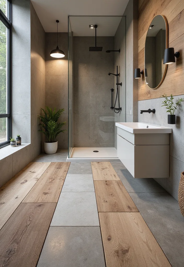 10 Wood Floor Bathroom Ideas for Warm Organic Texture - 9. Mixed Media for a Unique Flair