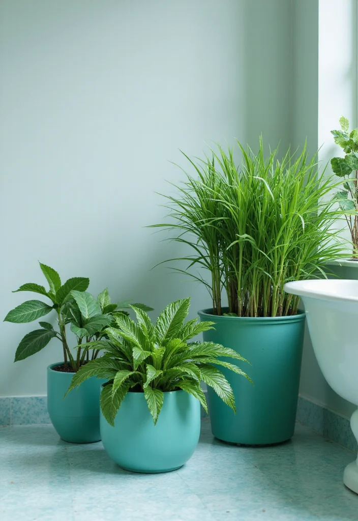 12 Aqua Bathroom Ideas for Bright Refreshing Vibes - 10. Aqua Plants