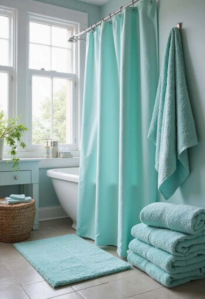 12 Aqua Bathroom Ideas for Bright Refreshing Vibes - 12. Aqua Textiles