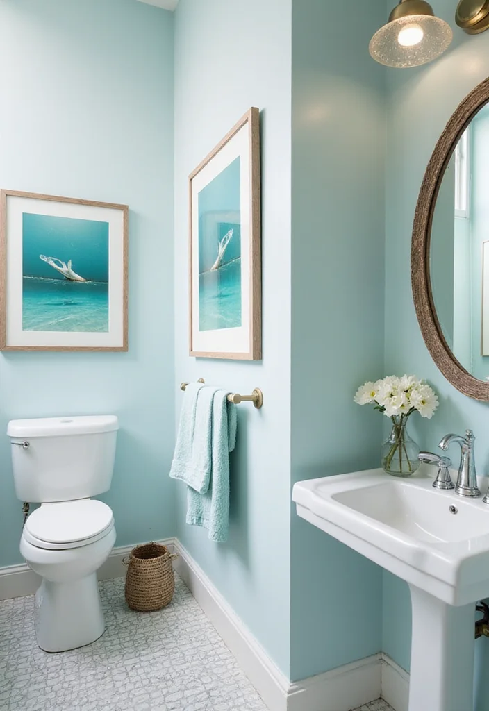12 Aqua Bathroom Ideas for Bright Refreshing Vibes - 9. Aqua Artwork